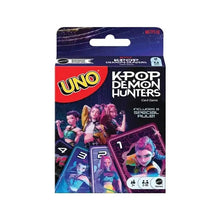 Cartes uno k-pop demon hunters jeu de cartes en carton brillant avec personnages anime colorés et art neon thématique