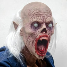 Masque vampire effrayant pour adultes en latex pale avec version à cheveux blancs et yeux bleus lumineux pour halloween
