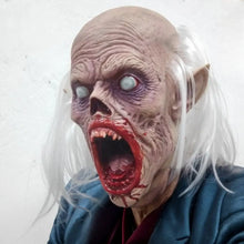 Masque vampire effrayant pour adultes en latex avec peau pâle, cheveux blancs, détails sanglants autour de la bouche en version à cheveux