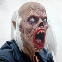 Masque vampire effrayant pour adultes version à cheveux blancs avec bouche ouverte et dents acérées pour halloween