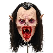 Masque vampire effrayant en latex avec cheveux noirs longs, oreilles pointues et effets de sang rouge pour halloween adulte