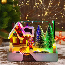 Village de noël lumineux avec père noël, maison rouge, sapins colorés, et chemin éclairé dimensions annoncées