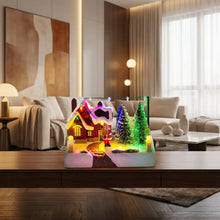 Village de noël lumineux avec père noël, maison rouge, sapins verts et dimensions annoncées détaillées
