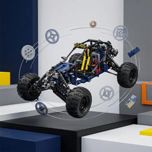 Voiture électrique télécommandée à construire en lego technic bleu et jaune avec pneus noirs pour tout-terrain