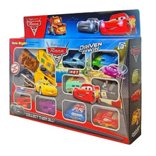 Boîte de 12 voitures jouet disney pixar cars en plastique solide aux couleurs vives jaune rouge bleu vert et violet