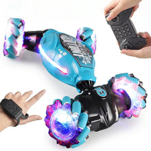 Voiture télécommandée déformable stunt bleue et noire avec roues lumineuses violettes et bleues pour speed stunt télécommandée