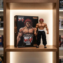 Figurine articulée yujiro hanma baki 20,5 cm avec action figure musclée rousse et emballage noir et blanc visible