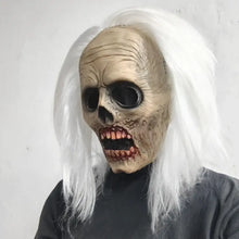 Masque zombie beige en latex avec cheveux blancs synthétiques et orbites noires pour halloween