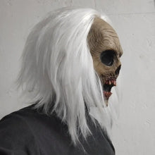 Masque zombie beige avec peau texturée et cheveux blancs synthétiques longs pour halloween